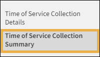 Reporting menu with a yellow highlight box around the Time of Service Collection Summary.